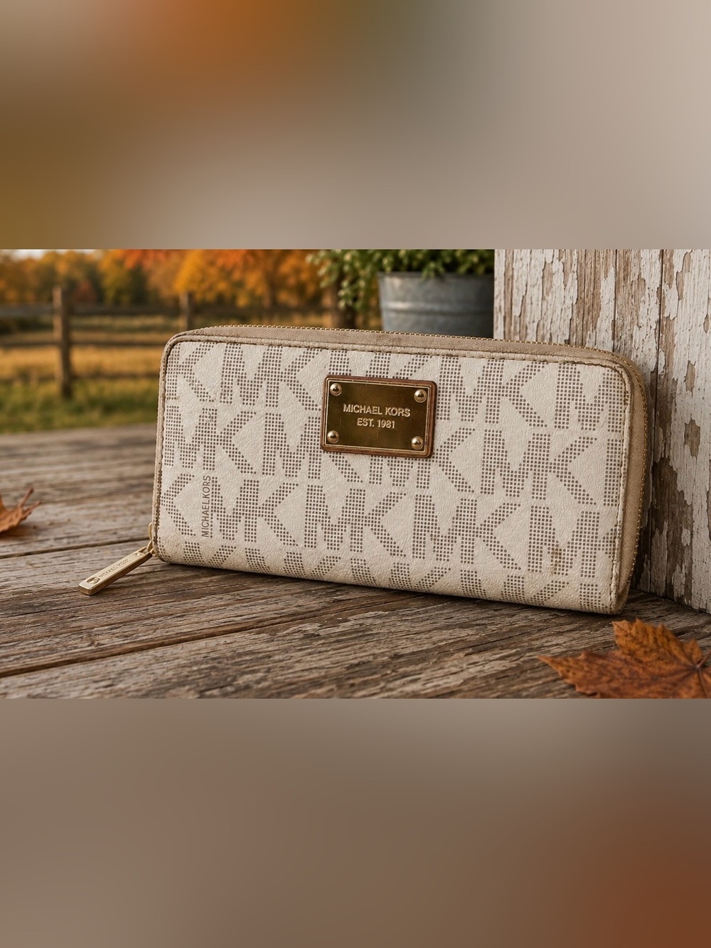 Michael Kors Beige Logo Zip Wallet with Gold Plaque